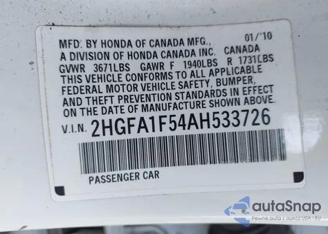 2010 Honda Civic Lx z USA, uszkodzony, nr VIN 2HGFA1F54AH533726